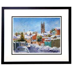 'Snow, Back Wood Street, Horwich'. Open print by Gerry Halpin.