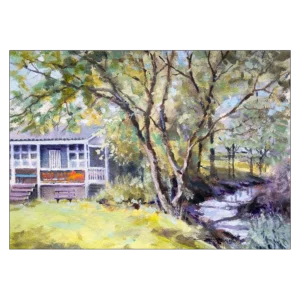 'The Cricket Pavillion, White Coppice'. Art card by Gerry