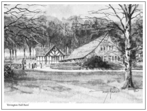 'Rivington Hall Barn' A black and white drawing by Gerry Halpin.