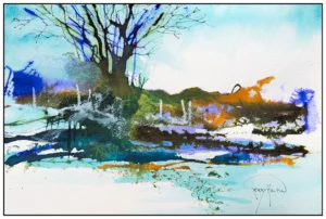 'Moorland - Fading Light'. Ink on paper original painting by Gerry Halpin.