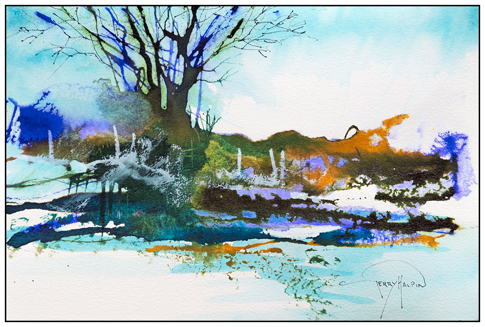 'Moorland - Fading Light'. Ink on paper original painting by Gerry Halpin.